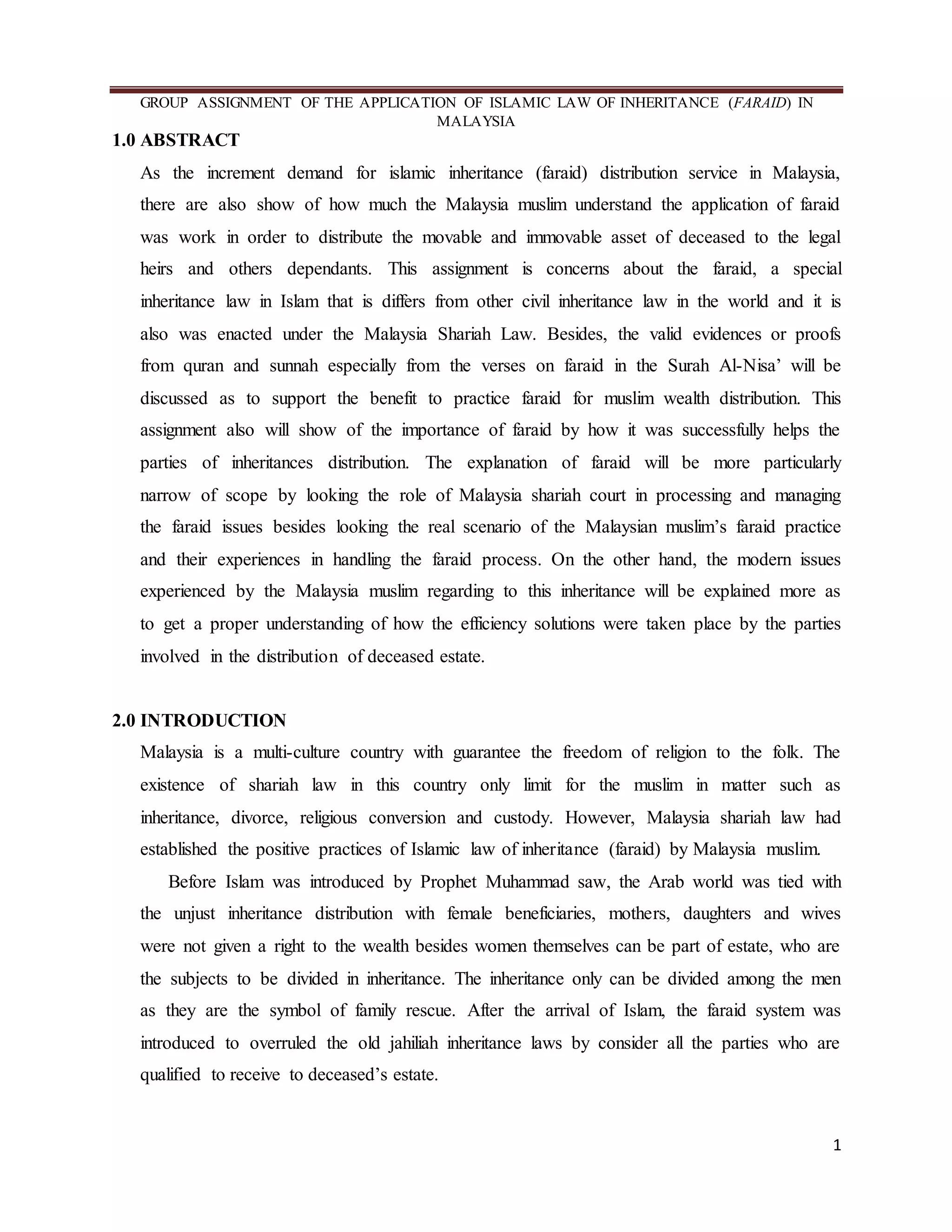 Islamic law of inheritance (faraid) in malaysia | DOCX