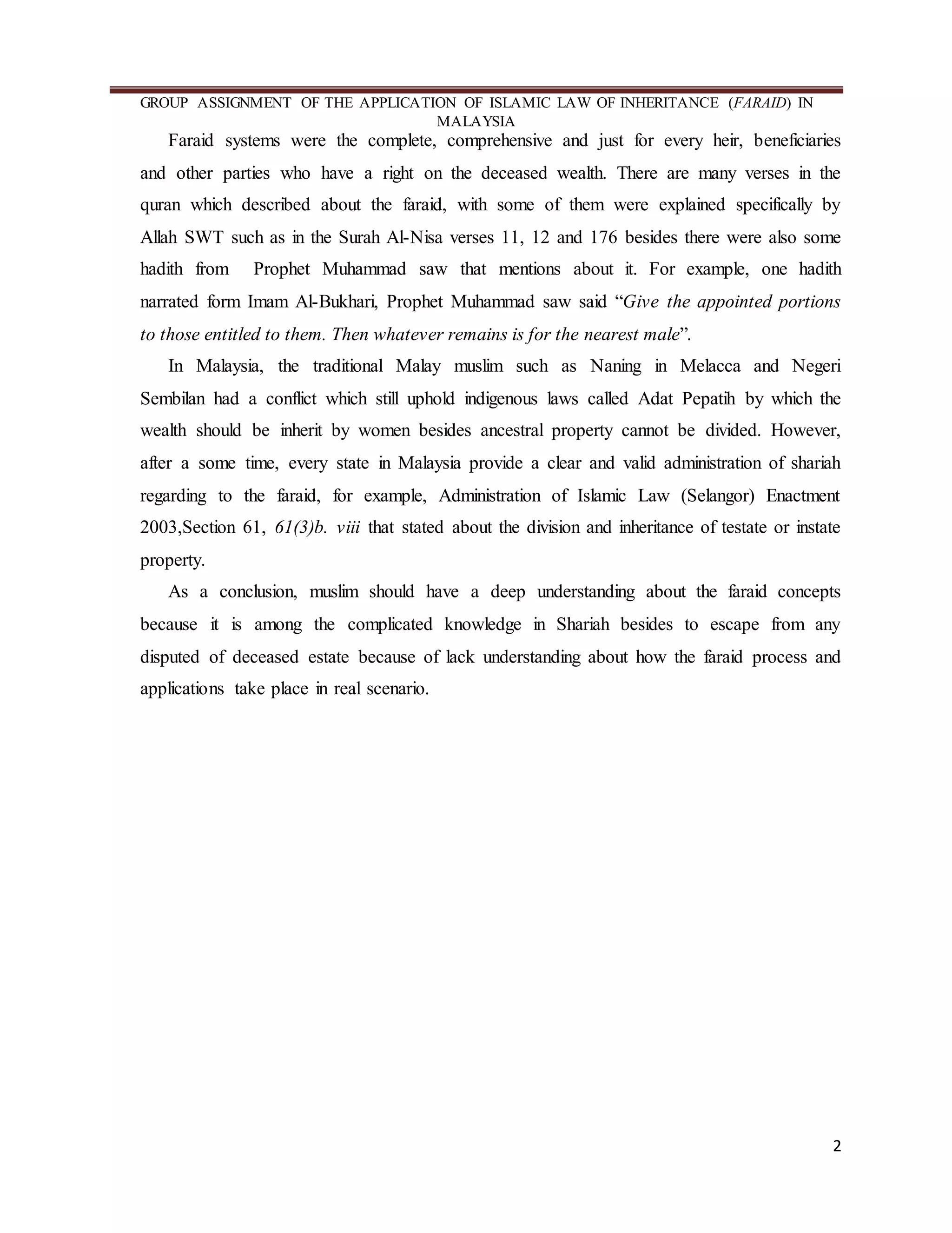 Islamic law of inheritance (faraid) in malaysia | DOCX