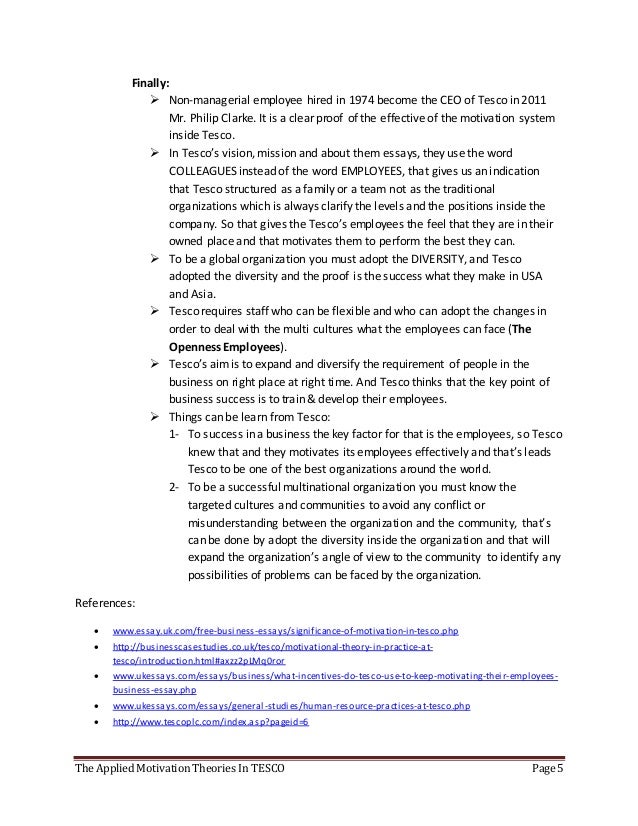 The Applied Motivation Theories In Tesco The Applied Motivation Theories Business Essay Sample also Compare And Contrast Essay About High School And College High School Essay Samples