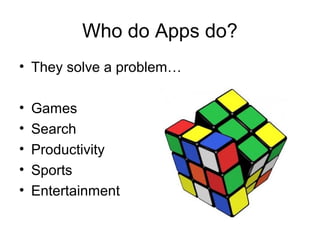Who do Apps do?
• They solve a problem…

•   Games
•   Search
•   Productivity
•   Sports
•   Entertainment
 