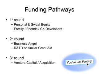 Funding Pathways
• 1st round
   – Personal & Sweat Equity
   – Family / Friends / Co-Developers


• 2nd round
   – Business Angel
   – R&TD or similar Grant Aid


• 3rd round
   – Venture Capital / Acquisition
 