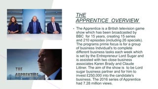 THE
APPRENTICE OVERVIEW
• The Apprentice is a British television game
show which has been broadcasted by
BBC for 15 years,...