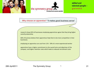 Why choose an apprentice?  “It makes good business sense” research shows 81% of businesses employing apprentices agree that they bring higher overall productivity. 66% of business believe their apprentices help them to be more competitive in their businesses. employing an apprentice can cost from 11% - 50% of a more experienced worker apprentices have a higher commitment to the overall aims and objectives of the company  and higher retention rates which leads to reduced recruitment costs. 