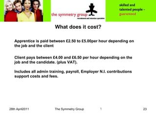 What does it cost? Apprentice is paid between £2.50 to £5.00per hour depending on the job and the client Client pays between £4.00 and £6.50 per hour depending on the job and the candidate. (plus VAT). Includes all admin training, payroll, Employer N.I. contributions support costs and fees. 