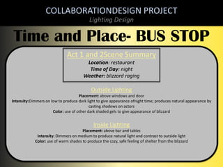 COLLABORATIONDESIGN PROJECT
Lighting Design

Time and Place- BUS STOP
Act 1 and 2Scene Summary
Location: restaurant
Time of Day: night
Weather: blizzard raging

Outside Lighting
Placement: above windows and door
Intensity:Dimmers on low to produce dark light to give appearance ofnight time; produces natural appearance by
casting shadows on actors
Color: use of other dark shaded gels to give appearance of blizzard

Inside Lighting
Placement: above bar and tables
Intensity: Dimmers on medium to produce natural light and contrast to outside light
Color: use of warm shades to produce the cozy, safe feeling of shelter from the blizzard

 