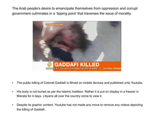• 

Tech Analysts used programs like ‘Gephi Graph Streaming’ to chart the speed and growth of
communication (twitter)

On February 11, 2011, Egyptian president Hosni Mubarak bowed to two weeks of nonviolent pressure and resigned from power. Tahrir
Square in Cairo was where the real action was, but an Italian network analyst named André Panisson was watching the news unfold on
Twitter. Over the next hour, he visualized the explosion of tweets and retweets as a network graph, and even though it's nothing more than
dots and lines, the excitement is nearly as palpable as watching it live on CNN.

Before

Right after

Over the course of the hour

Data acquired from Twitter’s API, Gephi Graph Streaming

 