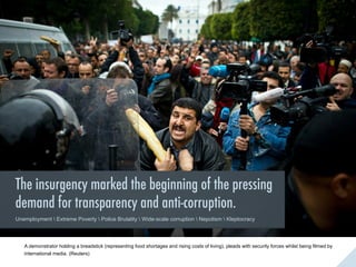 Oppression and injustice in the Middle East and North Africa have resulted in people revolting against
their governments for years, but in small groups which soon faded off. After the the self - immolation of
Mohd Bouzazi, enraged Tunisians afflicted by the same suppressed problems take to the streets in
massive protests, triggering the Tunisian uprising.

 