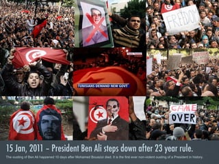 Violence escalates as Security Police respond with strong-arm-tactics.
The turning point comes when Tunisia’s army chief, General Rachid Ammar declines the Presidential order to shoot protestors and the
Tunisian military intervenes.

 