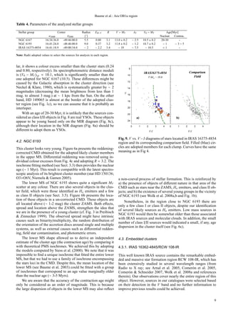 Baume et al.: Ara OB1a region

Table 4. Parameters of the analyzed stellar groups

 Stellar group                   Center               Radius     E B−V      R     V − MV               AV       V0 − MV               Age[Myr]
                          α2000         δ2000           [’]                                                                      Nuclear   Contrac.
 NGC 6167               16:34:36.0   -49:46:00.0       5.5       0.80      3.1   13.0 ± 0.2        ∼ 2.5        10.5 ± 0.2        20-30        -
 NGC 6193               16:41:24.0   -48:46:00.0       9.0       0.37      3.2   11.8 ± 0.2        ∼ 1.2        10.7 ± 0.2         ∼1      ∼3−5
 IRAS 16375-4854        16:41:18.9   -49:00:34.0       ∼2        ∼ 2.2     3.4     ∼ 18            ∼ 7.5         ∼ 10.5            1          -

Note: Radii adopted values to select the sources for analysis in each region.


lar, it shows a colour excess smaller than the cluster stars (0.24
                                                                                               8
and 0.80, respectively). Its spectrophotometric distance moduli                                                                                           x~}|{zyxw
                                                                                                                nlonmlkjihgfed
is (V0 − MV ) sp = 10.1, which is signiﬁcantly smaller than the                               10
                                                                                                                                                             ƒ‚}€
                                                                                                                   vuts r qp•”
one adopted for NGC 6167 (10.5). These diﬀerences might be
                                                                                              12
caused by the Galactic absorption in the cluster direction (see
Neckel  Klare, 1980), which is systematically greater by ∼ 2                                 14
magnitudes (decreasing the mean brightness from less than 1                             ”     16
mag. to almost 3 mag.) at ∼ 1 kpc from the Sun. On the other
hand, HD 149065 is almost at the border of the adopted clus-                                  18
ter region (see Fig. 1c), so we can assume that it is probably an
interloper.                                                                                   20

     With an age of 20-30 Myr, it is unlikely that the sources con-                           22
sidered as class I/II objects in Fig. 8 are real YSOs. These objects                                    ˜—                                  ˜™
appear to be young based only on the MIR diagram (Fig. 8c),                                   24

although their location in the NIR diagram (Fig. 8a) should be                                     0        1      2         3     4    0     1       2         3   4
diﬀerent to adopt them as YSOs.                                                                                        –•”                                –•”

                                                                                   Fig. 9. V vs. V − I diagrams of stars located in IRAS 16375-4854
4.2. NGC 6193                                                                      region and its corresponding comparison ﬁeld. Filled (blue) cir-
This cluster looks very young. Figure 6a presents the reddening-                   cles are adopted members for each clump. Curves have the same
corrected CMD obtained for the adopted likely cluster members                      meaning as in Fig 4.
in the upper MS. Diﬀerential reddening was removed using in-
dividual colour excesses from Fig. 4c and adopting R = 3.2. The
isochrone ﬁtting method (see Sect. 3.3) then provides the nuclear
age (∼ 1 Myr). This result is compatible with the latest spectro-
scopic analysis of its brightest cluster member (star HD 150136;
O3+O6V, Niemela  Gamen 2005).                                                     a non-coeval process of stellar formation. This is reinforced by
     The lower MS of NGC 6193 shows quite a signiﬁcant MV                          a) the presence of objects of diﬀerent nature in that area of the
scatter at any colour. There are also several objects in the clus-                 CMD such as stars near the ZAMS, Hα emitters, and class II ob-
ter ﬁeld, which were those identiﬁed as Hα emitters and a few                      jects; and b) the existence of several young groups in the vicinity
as class II objects (see Sect. 3.5). Figure 6b presents the loca-                  of NGC 6193 (see Wolk et al. 2008a,b and Fig. 1b).
tion of these objects in a un-corrected CMD. These objects are
                                                                                       Nonetheless, in the region close to NGC 6193 there are
all located above (∼ 1-2 mag) the cluster ZAMS. Both eﬀects,
                                                                                   only a few class I or class II objects, despite our identiﬁcation
spread and location above the ZAMS, strengthen the idea that
                                                                                   of several likely sources as Hα emitters. Low mass sources in
we are in the presence of a young cluster (cf. Fig. 3 in Preibisch
                                                                                   NGC 6193 would then be somewhat older than those associated
 Zinnecker 1999). The observed spread might have intrinsic
                                                                                   with IRAS sources and molecular clouds. In addition, the small
causes such as binarity/multiplicity, the random distribution of
                                                                                   number of class I/II sources would indicated a small, if any, age
the orientation of the accretion discs around single and multiple
                                                                                   dispersion in the cluster itself (see Fig. 6c).
systems, as well as external causes such as diﬀerential redden-
ing, ﬁeld star contamination, and photometric errors.
     The lower MS shape allowed us to derive an independent                        4.3. Embedded clusters
estimate of the cluster age (the contraction age) by comparing it
with theoretical PMS isochrones. We achieved this by adopting                      4.3.1. IRAS 16362-4845/RCW 108-IR
the models computed by Siess et al. (2000). We note that it was
impossible to ﬁnd a unique isochrone that ﬁtted the entire lower                   This well known IRAS source contains the remarkable embed-
MS, but that we had to use a family of isochrone encompassing                      ded and massive star formation region RCW 108-IR, which has
the stars loci in the CMD. Despite this, the mean location of the                  been extensively studied in several wavelength ranges (from
lower MS (see Baume et al. 2003) could be ﬁtted with a group                       Radio to X ray; see Arnal et al. 2005, Comer´ n et al. 2005,
                                                                                                                                    o
of isochrones that correspond to an age value marginally older                     Comer´ n  Schneider 2007, Wolk et al. 2008a and references
                                                                                          o
than the nuclear age (∼ 3-5 Myrs).                                                 therein). Our observations cover nearly the entire region of this
     We are aware that the accuracy of the contraction age might                   object. However, sources in our catalogues were selected based
only be considered as an order of magnitude. This is because                       on their detection in the V band and no further information to
the large dispersion of objects in the lower MS may also reﬂect                    improve previous results could be achieved.

                                                                                                                                                                        9
 