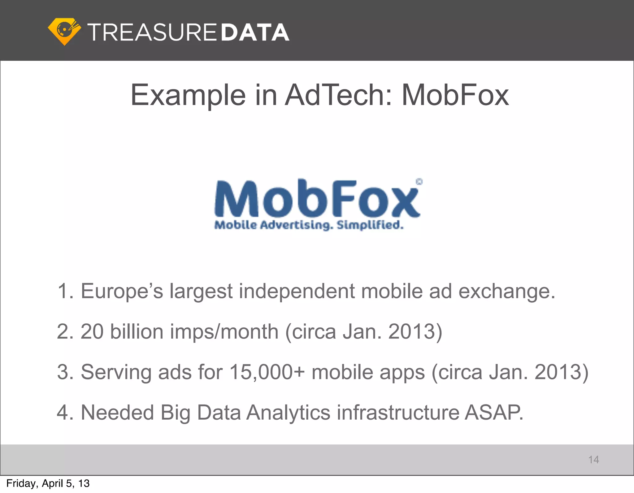 Example in AdTech: MobFox




           1. Europe’s largest independent mobile ad exchange.
           2. 20 billion imps/month (circa Jan. 2013)
           3. Serving ads for 15,000+ mobile apps (circa Jan. 2013)
           4. Needed Big Data Analytics infrastructure ASAP.

                                                                  14

Friday, April 5, 13
 