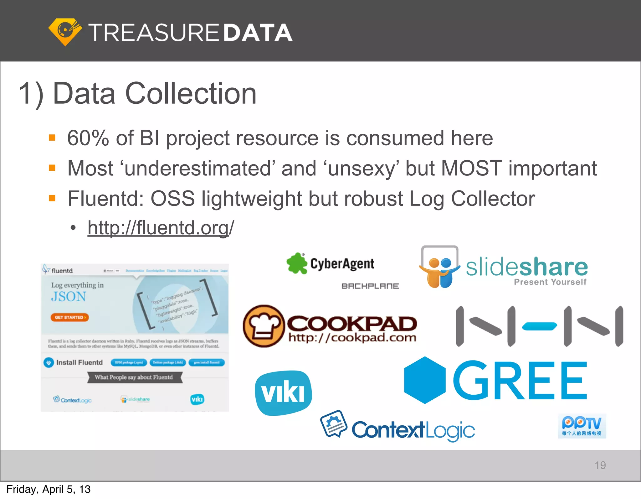 1) Data Collection
          60% of BI project resource is consumed here
          Most ‘underestimated’ and ‘unsexy’ but MOST important
          Fluentd: OSS lightweight but robust Log Collector
              • http://fluentd.org/




                                                               19

Friday, April 5, 13
 