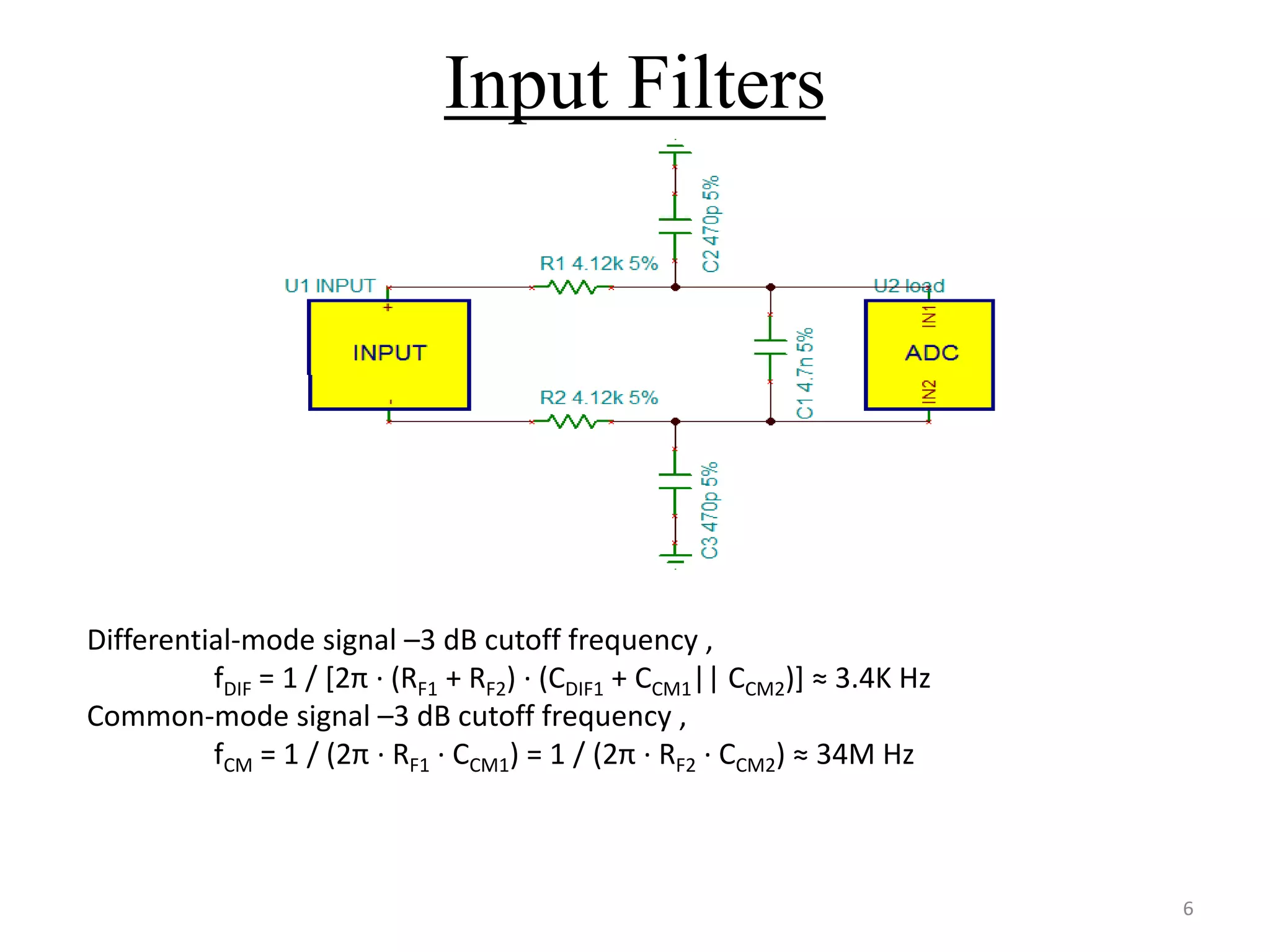 Input Filters
6
Differential-mode signal –3 dB cutoff frequency ,
fDIF = 1 / [2π · (RF1 + RF2) · (CDIF1 + CCM1|| CCM2)] ≈ 3.4K Hz
Common-mode signal –3 dB cutoff frequency ,
fCM = 1 / (2π · RF1 · CCM1) = 1 / (2π · RF2 · CCM2) ≈ 34M Hz
 