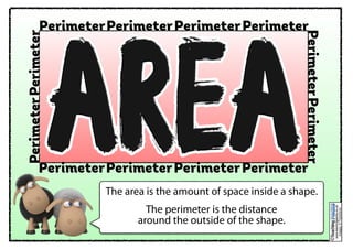 PerimeterPerimeterPerimeterPerimeter
PerimeterPerimeterPerimeterPerimeter
PerimeterPerimeter
PerimeterPerimeter
www.teachingpacks.co.uk
Images:©ThinkStock
©
The area is the amount of space inside a shape.
The perimeter is the distance
around the outside of the shape.
 