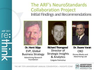 [object Object],The ARF’s NeuroStandards Collaboration Project Dr. Horst Stipp EVP, Global Business Strategy Advertising Research Foundation Richard Thorogood  Director of Strategic Insights & Analytics Colgate Palmolive Dr. Duane Varan CRO Disney Media and Advertising Lab 