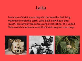 Laika
Lakia was a Soviet space dog who became the first living
mammal to orbit the Earth. Laika died a few hours after
launch, presumably from stress and overheating. The United
States used chimpanzees and the Soviet program used dogs.
 
