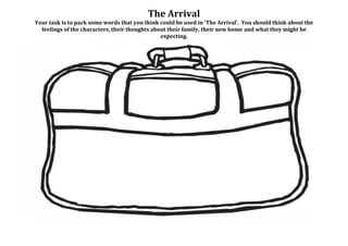 The Arrival
Your task is to pack some words that you think could be used in ‘The Arrival’. You should think about the
feelings of the characters, their thoughts about their family, their new home and what they might be
expecting.
 