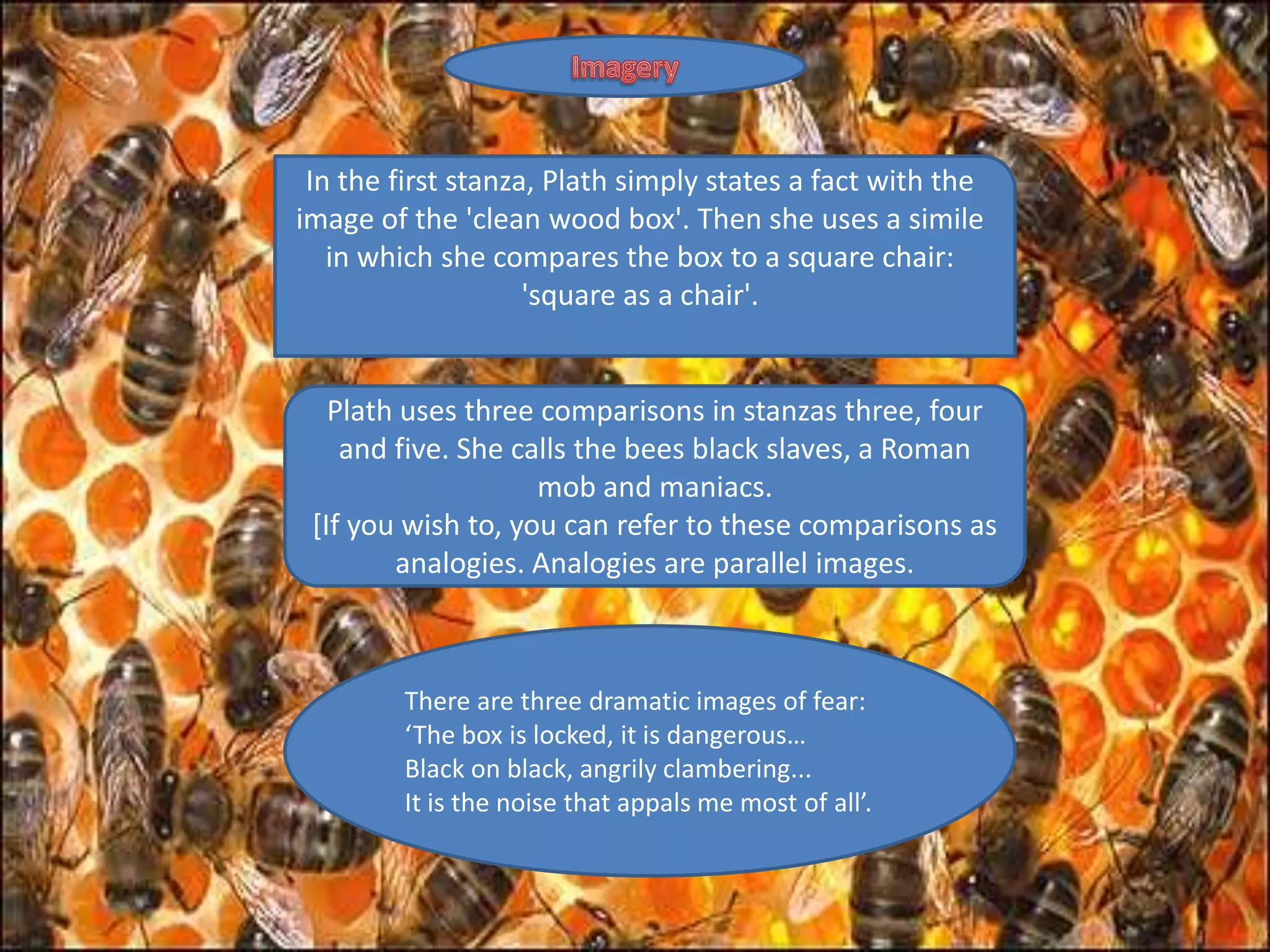 In the first stanza, Plath simply states a fact with the
image of the 'clean wood box'. Then she uses a simile
   in which she compares the box to a square chair:
                    'square as a chair'.


   Plath uses three comparisons in stanzas three, four
    and five. She calls the bees black slaves, a Roman
                    mob and maniacs.
 [If you wish to, you can refer to these comparisons as
        analogies. Analogies are parallel images.



         There are three dramatic images of fear:
         ‘The box is locked, it is dangerous…
         Black on black, angrily clambering...
         It is the noise that appals me most of all’.
 