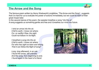 The Arrow and the Song 
The famous poem written by Henry Wadsworth Longfellow, “The Arrow and the Song” , suggests 
that it is hard for us to evaluate the power of actions immediately, but we could be learn of their 
great impact later. 
In the second stanza of the poem, the speaker breathes a song “into the air”. 
A song suggests us something gentle and free and it breathes our mind into future. 
I shot an arrow into the air, 
It fell to earth, I knew not where; 
For, so swiftly it flew, the sight 
Could not follow it in its flight. 
I breathed a song into the air, 
It fell to earth, I knew not where; 
For who has sight so keen and strong, 
That it can follow the flight of song? 
Long, long afterward, in an oak 
I found the arrow, still unbroke; 
And the song, from beginning to end, 
I found again in the heart of a friend. 
ICWES16 2 
 