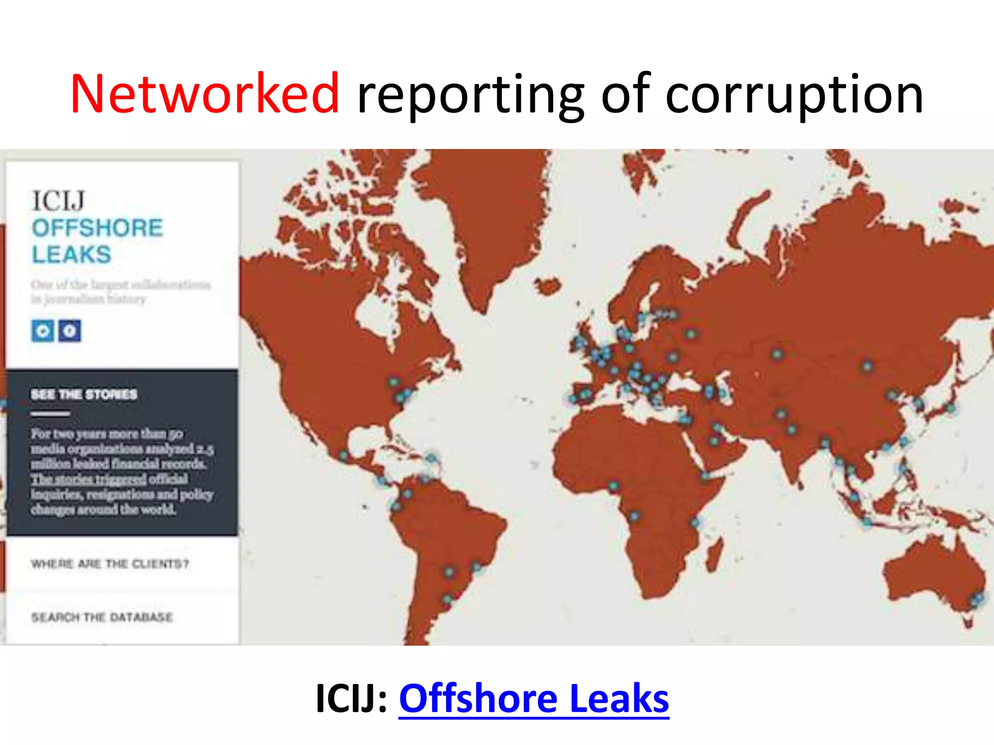 Networked reporting of corruption
ICIJ: Offshore Leaks
 