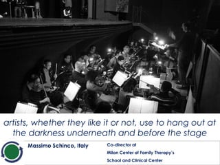 artists, whether they like it or not, use to hang out at
the darkness underneath and before the stage
Massimo Schinco, Ita...