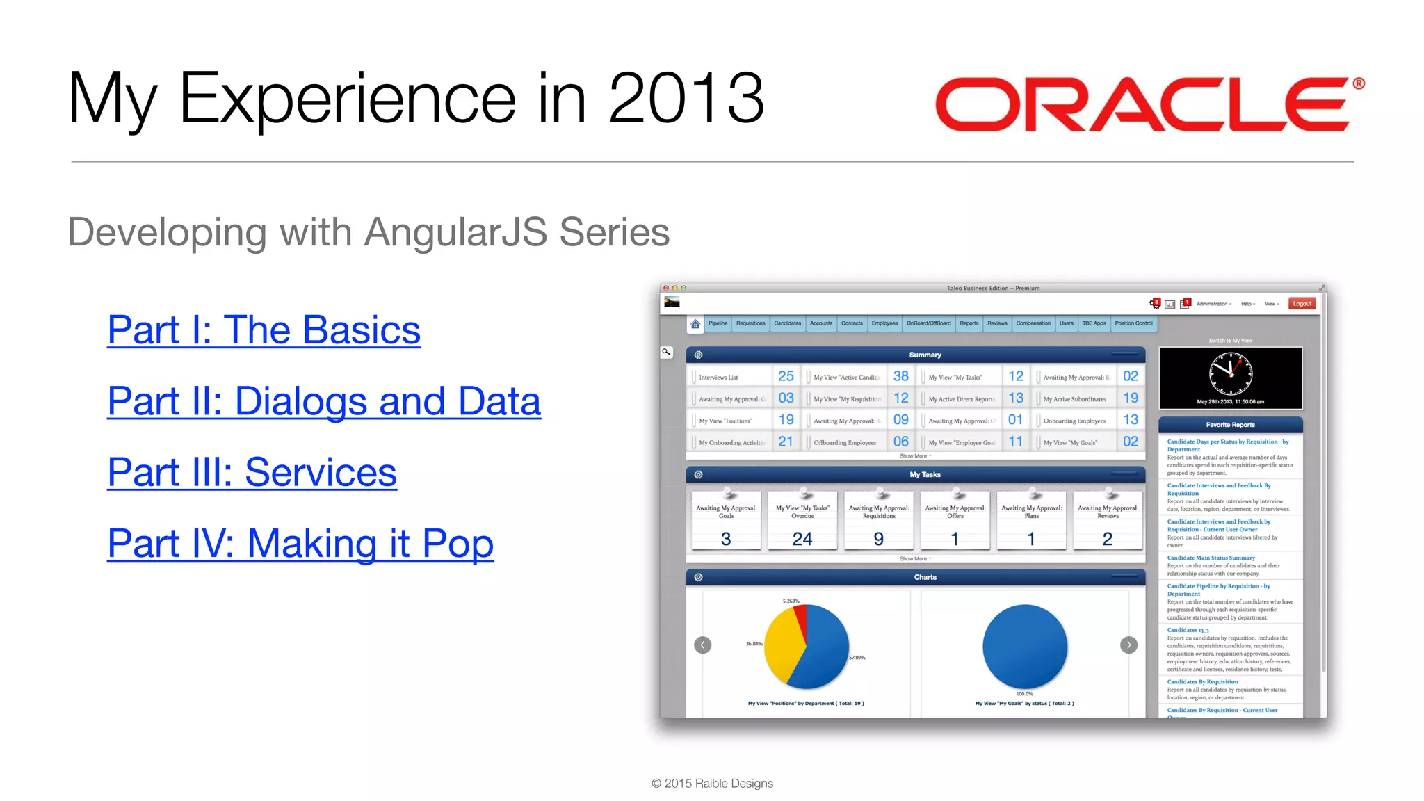 © 2015 Raible Designs My Experience in 2013 Developing with AngularJS Series Part I: The Basics  Part II: Dialogs and Data  Part III: Services  Part IV: Making it Pop  