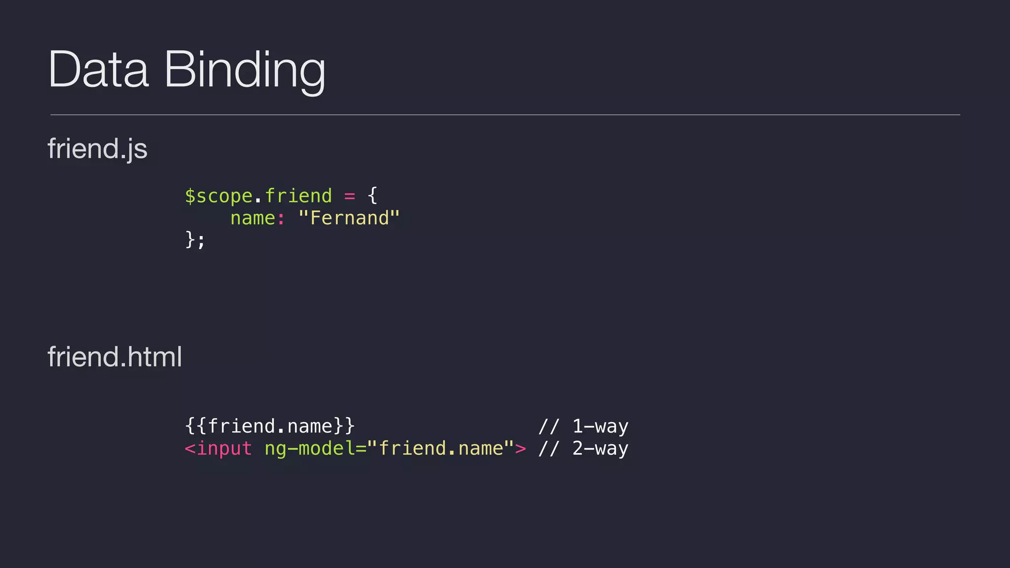Data Binding
friend.js

friend.html

$scope.friend = {
name: "Fernand"
};
{{friend.name}} // 1-way
<input ng-model="friend.name"> // 2-way
 