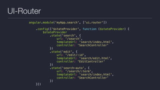 UI-Router
angular.module('myApp.search', ['ui.router'])
.config(['$stateProvider', function ($stateProvider) {
$stateProvider
.state('search', {
url: '/search',
templateUrl: 'search/index.html',
controller: 'SearchController'
})
.state('edit', {
url: '/edit/:id',
templateUrl: 'search/edit.html',
controller: 'EditController'
})
.state('search-auto', {
url: '/search/:term',
templateUrl: 'search/index.html',
controller: 'SearchController'
})
}])
 