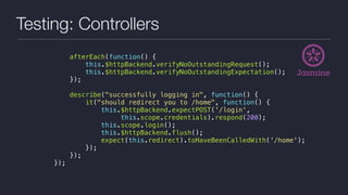 Testing: Controllers
afterEach(function() {
this.$httpBackend.verifyNoOutstandingRequest();
this.$httpBackend.verifyNoOutstandingExpectation();
});
describe("successfully logging in", function() {
it("should redirect you to /home", function() {
this.$httpBackend.expectPOST('/login',
this.scope.credentials).respond(200);
this.scope.login();
this.$httpBackend.flush();
expect(this.redirect).toHaveBeenCalledWith('/home');
});
});
});
 