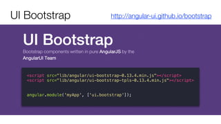 UI Bootstrap http://angular-ui.github.io/bootstrap
<script src="lib/angular/ui-bootstrap-0.13.4.min.js"></script>
<script src="lib/angular/ui-bootstrap-tpls-0.13.4.min.js"></script>
angular.module('myApp', ['ui.bootstrap']);
 