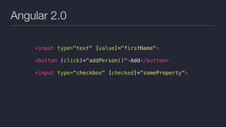Angular 2.0
<input type="text" [value]="firstName">
<button (click)="addPerson()">Add</button>
<input type="checkbox" [checked]="someProperty">
 