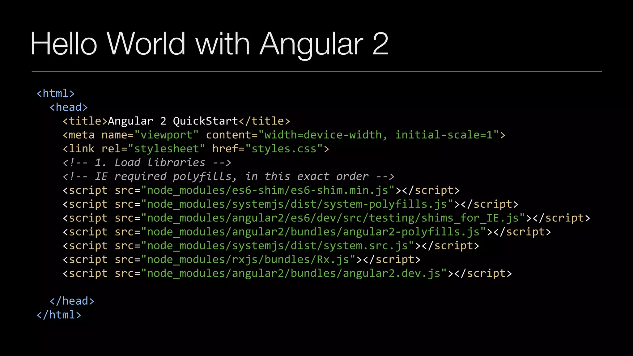 Hello World with Angular 2
<html>	
		<head>	
				<title>Angular	2	QuickStart</title>	
				<meta	name="viewport"	content="width=device-width,	initial-scale=1">					
				<link	rel="stylesheet"	href="styles.css">	
				<!--	1.	Load	libraries	-->	
				<!--	IE	required	polyfills,	in	this	exact	order	-->	
				<script	src="node_modules/es6-shim/es6-shim.min.js"></script>	
				<script	src="node_modules/systemjs/dist/system-polyfills.js"></script>	
				<script	src="node_modules/angular2/es6/dev/src/testing/shims_for_IE.js"></script>	
				<script	src="node_modules/angular2/bundles/angular2-polyfills.js"></script>	
				<script	src="node_modules/systemjs/dist/system.src.js"></script>	
				<script	src="node_modules/rxjs/bundles/Rx.js"></script>	
				<script	src="node_modules/angular2/bundles/angular2.dev.js"></script>	
		</head>	
</html>
 