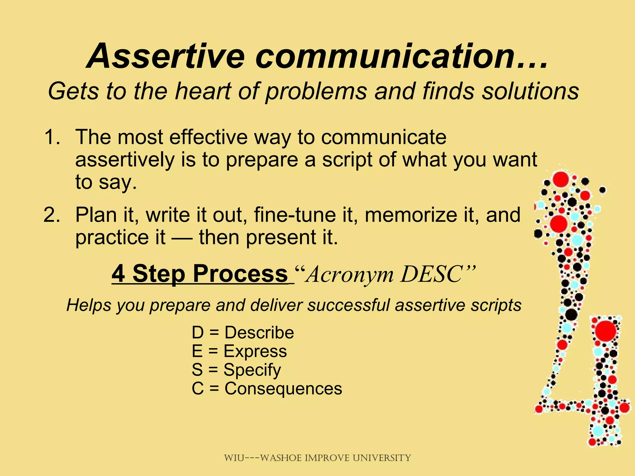 Assertive communication… Gets to the heart of problems and finds solutions   The most effective way to communicate assertively is to prepare a script of what you want to say.  Plan it, write it out, fine-tune it, memorize it, and practice it — then present it.  4 Step Process   “ Acronym DESC” Helps you prepare and deliver successful assertive scripts   D = Describe E = Express  S = Specify  C = Consequences  