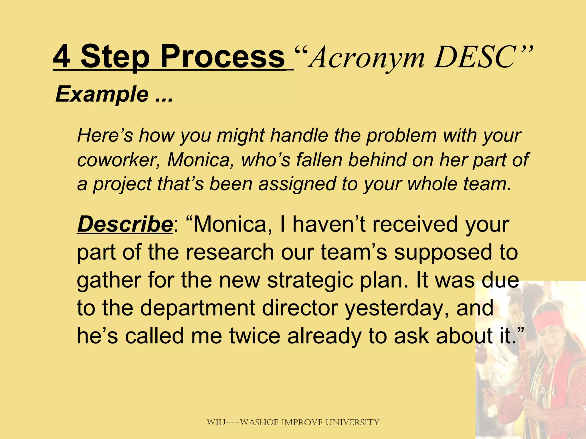 4 Step Process   “ Acronym DESC” Example ...  Here’s how you might handle the problem with your coworker, Monica, who’s fallen behind on her part of a project that’s been assigned to your whole team. Describe : “Monica, I haven’t received your part of the research our team’s supposed to gather for the new strategic plan. It was due to the department director yesterday, and he’s called me twice already to ask about it.” 