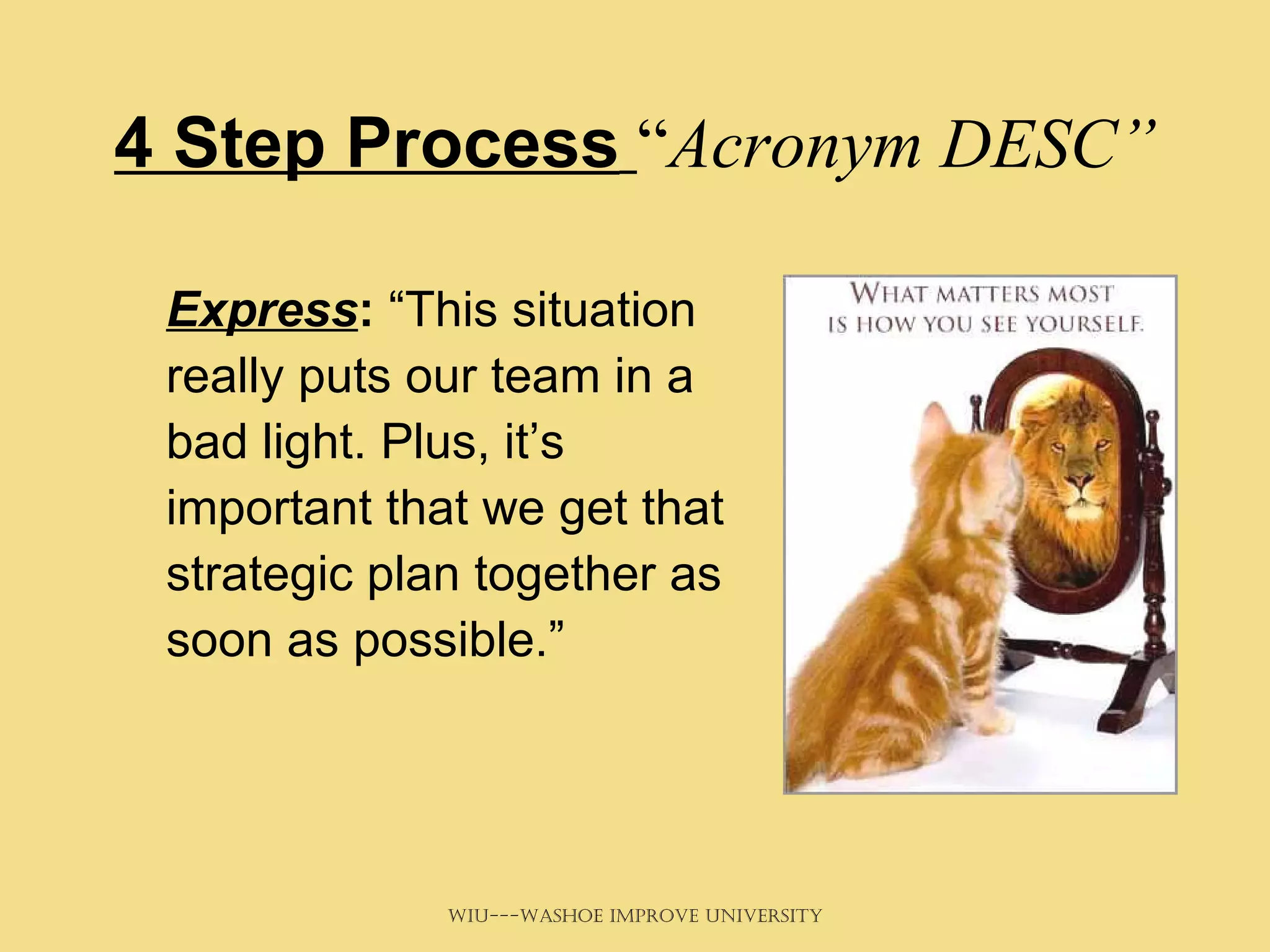 4 Step Process   “ Acronym DESC” Express :  “This situation really puts our team in a bad light. Plus, it’s important that we get that strategic plan together as soon as possible.”   