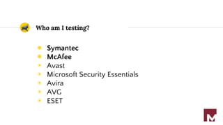 Who am I testing?
◉ Symantec
◉ McAfee
◉ Avast
◉ Microsoft Security Essentials
◉ Avira
◉ AVG
◉ ESET
 