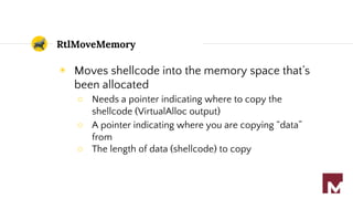 RtlMoveMemory
◉ Moves shellcode into the memory space that’s
been allocated
○ Needs a pointer indicating where to copy the
shellcode (VirtualAlloc output)
○ A pointer indicating where you are copying “data”
from
○ The length of data (shellcode) to copy
 