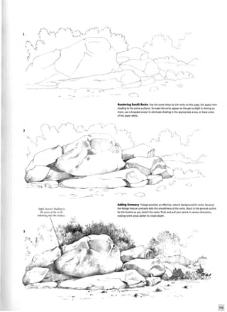 Rendering Sunlit Rocks Use the same steps for the rocks on this page, but apply more
shading to the entire surfaces. To make the rocks appear as though sunlight is shining on
them, use a kneaded eraser to eliminate shading in the appropriate areas, or leave areas
of the paper white.
Apply heavier shading to
the areas oj the roeks
indenting into the surface.
Adding Greenery Foliage provides an effective, natural background for rocks, because
the foliage texture contrasts with the smoothness of the rocks. Block in the general outline
for the bushes as you sketch the rocks. Push and pull your pencil in various directions,
making some areas darker to create depth.
103
 