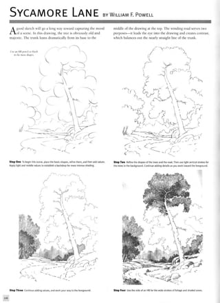 SYCAMORE LANE BY WILLIAM F. POWELL
Agood sketch will go a long way toward capturing the mood
of a scene. In this drawing, the tree is obviously old and
majestic. The trunk leans dramatically from its base to the
Step One To begin this scene, place the basic shapes, refine them, and then add values.
Apply light and middle values to establish a backdrop for more intense shading.
Step Three Continue adding values, and work your way to the foreground.
middle of the drawing at the top. The winding road serves two
purposes—it leads the eye into the drawing and creates contrast,
which balances out the nearly straight line of the trunk.
Step Two Refine the shapes of the trees and the road. Then use light vertical strokes for
the trees in the background. Continue adding details as you work toward the foreground.
Step Four Use the side of an HB for the wide strokes of foliage and shaded areas.
116
 