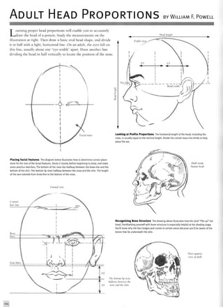 ADULT HEAD PROPORTIONS BY WILLIAM F. POWELL
Learning proper head proportions will enable you to accurately
draw the head of a person. Study the measurements on the
illustration at right. Then draw a basic oval head shape, and divide
it in half with a light, horizontal line. On an adult, the eyes fall on
this line, usually about one "eye-width" apart. Draw another line
dividing the head in half vertically to locate the position of the nose.
Head length
Eyeliii
Facial mass Looking at Profile Proportions The horizontal length of the head, including the
nose, is usually equal to the vertical length. Divide the cranial mass into thirds to help
place the ear.
Placing Facial Features The diagram below illustrates how to determine correct place-
ment for the rest of the facial features. Study it closely before beginning to draw, and make
some practice sketches. The bottom of the nose lies halfway between the brow line and the
bottom of the chin. The bottom lip rests halfway between the nose and the chin. The length
of the ears extends from brow line to the bottom of the nose.
Frontal view
Cranial
hair line
Skull inside
human head
mrrtL 40^^%^
Nose lines
Recognizing Bone Structure The drawing above illustrates how the skull "fills up" the
head. Familiarizing yourself with bone structure is especially helpful at the shading stage.
You'll know why the face bulges and curves in certain areas because you'll be aware of the
bones that lie underneath the skin.
k>A)l
The bottom lip vests
halfway between the
1/2 nose and the chin.
Three-quarter
view of skull
124
 