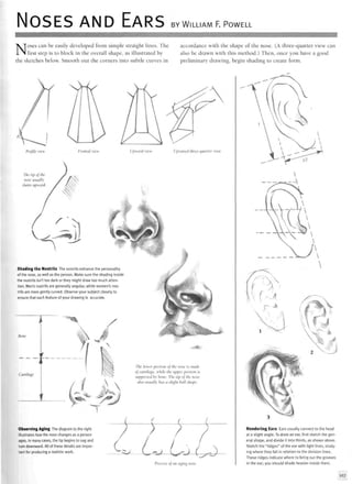 NOSES AND EARS BY WILLIAM F. POWELL
Noses can be easily developed from simple straight lines. The
first step is to block in the overall shape, as illustrated by
the sketches below. Smooth out the corners into subtle curves in
accordance with the shape of the nose. (A three-quarter view can
also be drawn with this method.) Then, once you have a good
preliminary drawing, begin shading to create form.
Profile view
The tip of the
nose usually
slants upward.
Frontal view Upward view Upraised three-quarter view
Shading the Nostrils The nostrils enhance the personality
of the nose, as well as the person. Make sure the shading inside
the nostrils isn't too dark or they might draw too much atten-
tion. Men's nostrils are generally angular, while women's nos-
trils are more gently curved. Observe your subject closely to
ensure that each feature of your drawing is accurate.
Bone
Cartih
Observing Aging The diagram to the right
illustrates how the nose changes as a person
ages. In many cases, the tip begins to sag and
turn downward. All of these details are impor-
tant for producing a realistic work.
The lower portion of the nose is made
of cartilage, while the upper portion is
supported by bone. The tip of the nose
also usually has a slight ball shape.
'-J- V s^J1
-
Process of an aging nose
..v^A
Rendering Ears Ears usually connect to the head
at a slight angle. To draw an ear, first sketch the gen-
eral shape, and divide it into thirds, as shown above.
Sketch the "ridges" of the ear with light lines, study-
ing where they fall in relation to the division lines.
These ridges indicate where to bring out the grooves
in the ear; you should shade heavier inside them.
127
 
