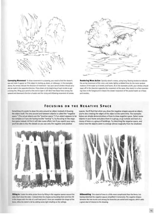 Conveying Movement To show movement in a drawing, you need to fool the viewer's
eye and make it appear as if the object is moving up, down, or sideways. In the examples
above, the arrows indicate the direction of movement—but your pencil strokes should actu
ally be made in the opposite direction. Press down at the beginning of each stroke to get
a strong line, lifting your pencil at the end to taper it off. Note how these lines convey the
upward and downward direction of water and the rising and billowing movement of smoke.
F O C U S I N G ON T H E
Sometimes it's easier to draw the area around an object instead of drawing
the object itself. The area around and between objects is called the "negative
space." (The actual objects are the "positive space.") If an object appears to be
too complex or if you are having trouble "seeing" it, try focusing on the nega-
tive space instead. At first it will take some effort, but if you squint your eyes,
you'll be able to blur the details so you see only the negative and positive
Filling In Create the white picket fence by filling in the negative spaces around the
slats. Don't draw the slats—instead draw the shapes surrounding them and then fill
in the shapes with the side of a soft lead pencil. Once you establish the shape of the
fence, refine the sketch a bit by adding some light shading on the railings.
Rendering Wave Action Quickly sketch a wave, using long, flowing strokes to indicate
the arcing movement of the crest, and make tightly scribbled lines for the more random
motions of the water as it breaks and foams. As in the examples at left, your strokes should
taper off in the direction opposite the movement of the wave. Also sketch in a few meander-
ing lines in the foreground to depict the slower movement of the pooled water as it flows
and recedes.
N E G A T I V E S P A C E
spaces. You'll find that when you draw the negative shapes around an object,
you're also creating the edges of the object at the same time. The examples
below are simple demonstrations of how to draw negative space. Select some
objects in your home and place them in a group, or go outside and look at a
clump of trees or a group of buildings. Try sketching the negative space, and
notice how the objects seem to emerge almost magically from the shadows!
Silhouetting This stand of trees is a little more complicated than the fence, but
having sketched the negative spaces simplified it immensely. The negative shapes
between the tree trunks and among the branches are varied and irregular, which adds
a great deal of interest to the drawing.
13
 