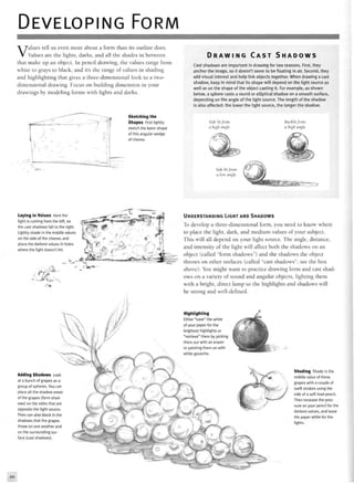 DEVELOPING FORM
Values tell us even more about a form than its outline does.
Values are the lights, darks, and all the shades in between
that make up an object. In pencil drawing, the values range from
white to grays to black, and it's the range of values in shading
and highlighting that gives a three-dimensional look to a two-
dimensional drawing. Focus on building dimension in your
drawings by modeling forms with lights and darks.
Sketching the
Shapes First lightly
sketch the basic shape
of this angular wedge
of cheese.
D R A W I N G C A S T S H A D O W S
Cast shadows are important in drawing for two reasons. First, they
anchor the image, so it doesn't seem to be floating in air. Second, they
add visual interest and help link objects together. When drawing a cast
shadow, keep in mind that its shape will depend on the light source as
well as on the shape of the object casting it. For example, as shown
below, a sphere casts a round or elliptical shadow on a smooth surface,
depending on the angle of the light source. The length of the shadow
is also affected: the lower the light source, the longer the shadow.
Side lit from
a high angle
Side lit from
a low angle
Baeklit from
a high angle
Laying in Values Here the
light is coming from the left, so
the cast shadows fall to the right,
tightly shade in the middle values
on the side of the cheese, and
place the darkest values in holes
where the light doesn't hit.
<3*sr
Adding Shadows took
at a bunch of grapes as a
group of spheres. You can
place all the shadow areas
of the grapes (form shad-
ows) on the sides that are
opposite the light source.
Then can also block in the
shadows that the grapes
throw on one another and
on the surrounding sur-
face (cast shadows).
UNDERSTANDING LIGHT AND SHADOWS
To develop a three-dimensional form, you need to know where
to place the light, dark, and medium values of your subject.
This will all depend on your light source. The angle, distance,
and intensity of the light will affect both the shadows on an
object (called "form shadows") and the shadows the object
throws on other surfaces (called "cast shadows"; see the box
above). You might want to practice drawing form and cast shad-
ows on a variety of round and angular objects, lighting them
with a bright, direct lamp so the highlights and shadows will
be strong and well-defined.
Highlighting
Either "save" the white
of your paper for the
brightest highlights or
"retrieve" them by picking
them out with an eraser
or painting them on with
white gouache.
Shading Shade in the
middle value of these
grapes with a couple of
swift strokes using the
side of a soft lead pencil.
Then increase the pres-
sure on your pencil for the
darkest values, and leave
the paper white for the
lights.
 