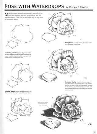 ROSE WITH WATERDROPS BY WILLIAM F. POWELL
Many beginning artists believe a rose is too difficult to
draw and therefore may shy away from it. But, like
any other object, a rose can be developed step by step from
its most basic shapes.
o
Adding Values Now begin shading. Stroke from inside
each petal toward its outer edge.
Establishing Guidelines Use an HB pencil to block in
the overall shapes of the rose and petal, using a series of
angular lines. Make all guidelines light so you won't have
trouble removing or covering them later.
o
Developing Shading Shade from the outer edge of
each petal, meeting the strokes you drew in the opposite
direction. Use what is known as a stroke and lift technique.
For this technique, you should draw lines that gently fade
at the end. Just press firmly, lifting the pencil as the stroke
comes to an end.
Following Through Continue adding guidelines for the
flower's interior, following the angles of the petal edges.
Make the cast shadow
the darkest area of
your drawing.
cs
 