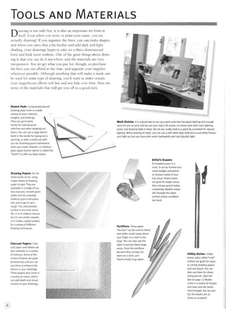 TOOLS AND MATERIALS
Drawing is not only fun, it is also an important art form in
itself. Even when you write or print your name, you are
actually drawing! If you organize the lines, you can make shapes;
and when you carry that a bit further and add dark and light
shading, your drawings begin to take on a three-dimensional
form and look more realistic. One of the great things about draw-
ing is that you can do it anywhere, and the materials are very
inexpensive. You do get what you pay for, though, so purchase
the best you can afford at the time, and upgrade your supplies
whenever possible. Although anything that will make a mark can
be used for some type of drawing, you'll want to make certain
your magnificent efforts will last and not fade over time. Here are
some of the materials that will get you off to a good start.
Sketch Pads Conveniently bound
drawing pads come in a wide
variety of sizes, textures,
weights, and bindings.
They are particularly
handy for making quick
sketches and when drawing out-
doors. You can use a large sketch
book in the studio for laying out a
painting, or take a small one with
you for recording quick impressions
when you travel. Smooth- to medium-
grain paper texture (which is called the
"tooth") is often an ideal choice.
Drawing Papers For fin-
ished works of art, using
single sheets of drawing
paper is best. They are
available in a range of sur-
face textures: smooth grain
(plate and hot pressed),
medium grain (cold press-
ed), and rough to very
rough. The cold-pressed
surface is the most versa-
tile. It is of medium texture
but it's not totally smooth,
so it makes a good surface
for a variety of different
drawing techniques.
Charcoal Papers Char-
coal paper and tablets are
also available in a variety
of textures. Some of the
surface finishes are quite
pronounced, and you can
use them to enhance the
texture in your drawings.
These papers also come in
a variety of colors, which
can add depth and visual
interest to your drawings.
Work Station It is a good idea to set up a work area that has good lighting and enough
room for you to work and lay out your tools. Of course, an entire room with track lighting,
easel, and drawing table is ideal. But all you really need is a place by a window for natural
lighting. When drawing at night, you can use a soft white light bulb and a cool white fluores-
cent light so that you have both warm (yellowish) and cool (bluish) light.
Artist's Erasers
A kneaded eraser is a
must. It can be formed into
small wedges and points
to remove marks in very
tiny areas. Vinyl erasers
are good for larger areas;
they remove pencil marks
completely. Neither eraser
will damage the paper
surface unless scrubbed
too hard.
4
Tortillons These paper
"stumps" can be used to blend
and soften small areas where
your finger or a cloth is too
large. You can also use the
sides to quickly blend large
areas. Once the tortillons
become dirty, simply rub
them on a cloth, and
they're ready to go again.
Utility Knives Utility
knives (also called "craft"
knives) are great for clean-
ly cutting drawing papers
and mat board. You can
also use them for sharp-
ening pencils. (Seethe
box on page 7.) Blades
come in a variety of shapes
and sizes and are easily
interchanged. But be care-
ful; the blades are as
sharp as scalpels!
 