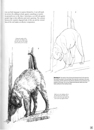 Cats use body language to express themselves. A cat will mark
its territory by rubbing its body against something to transfer
its personal scent to the object. Sometimes a cat will rub against
people's legs to show affection and send a greeting. The contrast
between the rounded, diagonal body of this cat and the vertical
lines of the wall makes an effective composition.
Change the angles of the
strokes for the shadow and
the wall, and vary the length
of the strokes for the cat's fur.
Blocking In First sketch in the vertical and horizontal lines for the wall and
floor before you block in the cat's body. Then draw the curved back, the round-
ed shoulder, and the raised tail. Pay particular attention to the proportions and
positions of the legs. The cat must always look balanced. Refine your lines
before adding the final shading strokes.
Make sure your shading reflects
the direction of the light source,
which, in this drawing, makes the
front of the legs appear darker.
 