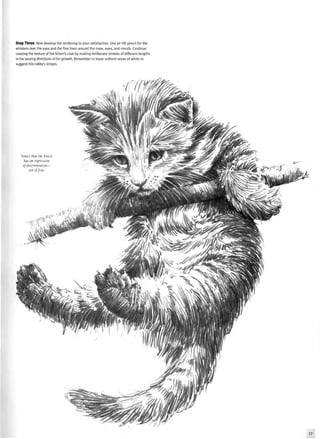 Step Three Now develop the rendering to your satisfaction. Use an HB pencil for the
whiskers over the eyes and the fine lines around the nose, eyes, and mouth. Continue
creating the texture of the kitten's coat by making deliberate strokes of different lengths
in the varying directions of fur growth. Remember to leave uniform areas of white to
suggest this tabby's stripes.
Notice (lia( the kitten
has an expression
of determination—
not offear.
77
 