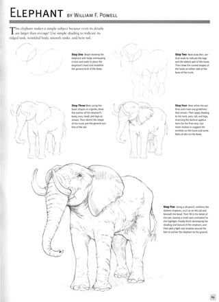 ELEPHANT BY WILLIAM F. POWELL
This elephant makes a simple subject because even its details
are larger than average! Use simple shading to indicate its
ridged tusk, wrinkled body, smooth tusks, and bent tail.
Step One Begin drawing the
elephant with large overlapping
circles and ovals to place the
elephant's head and establish
the general bulk of the body.
Step Three Now, using the
basic shapes as a guide, draw
the outline of the elephant's
body, ears, head, and legs as
shown. Then sketch the shape
of the trunk and the general out-
line of the tail.
Step Two Next draw thin, ver-
tical ovals to indicate the legs
and the widest part of the trunk.
Then draw the curved shapes of
the tusks on either side of the
base of the trunk.
Step Four Now refine the out-
lines and erase any guidelines
that remain. Then apply shading
to the neck, ears, tail, and legs,
reserving the darkest applica-
tions for the final step. Use
short strokes to suggest the
wrinkles on the trunk and some
folds of skin on the body.
Step Five Using a 2B pencil, reinforce the
darkest shadows, such as on the tail and
beneath the head. Then fill in the detail of
the eye, leaving a small spot unshaded for
the highlight. Finally finish developing the
shading and texture of the elephant, and
then add a light cast shadow around the
feet to anchor the elephant to the ground.
 