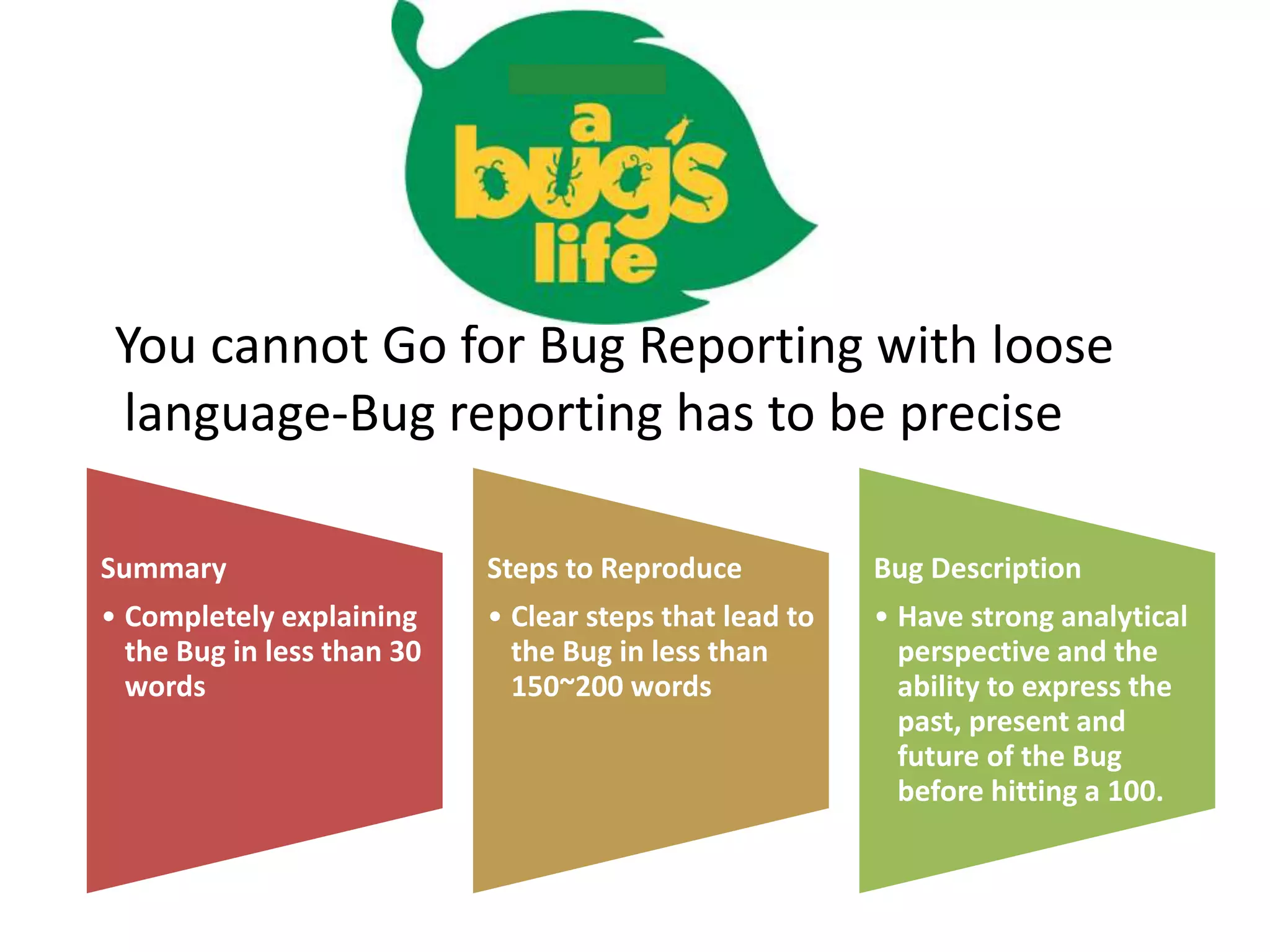 You cannot Go for Bug Reporting with loose
language-Bug reporting has to be precise
Summary
• Completely explaining
the Bug in less than 30
words
Steps to Reproduce
• Clear steps that lead to
the Bug in less than
150~200 words
Bug Description
• Have strong analytical
perspective and the
ability to express the
past, present and
future of the Bug
before hitting a 100.
 