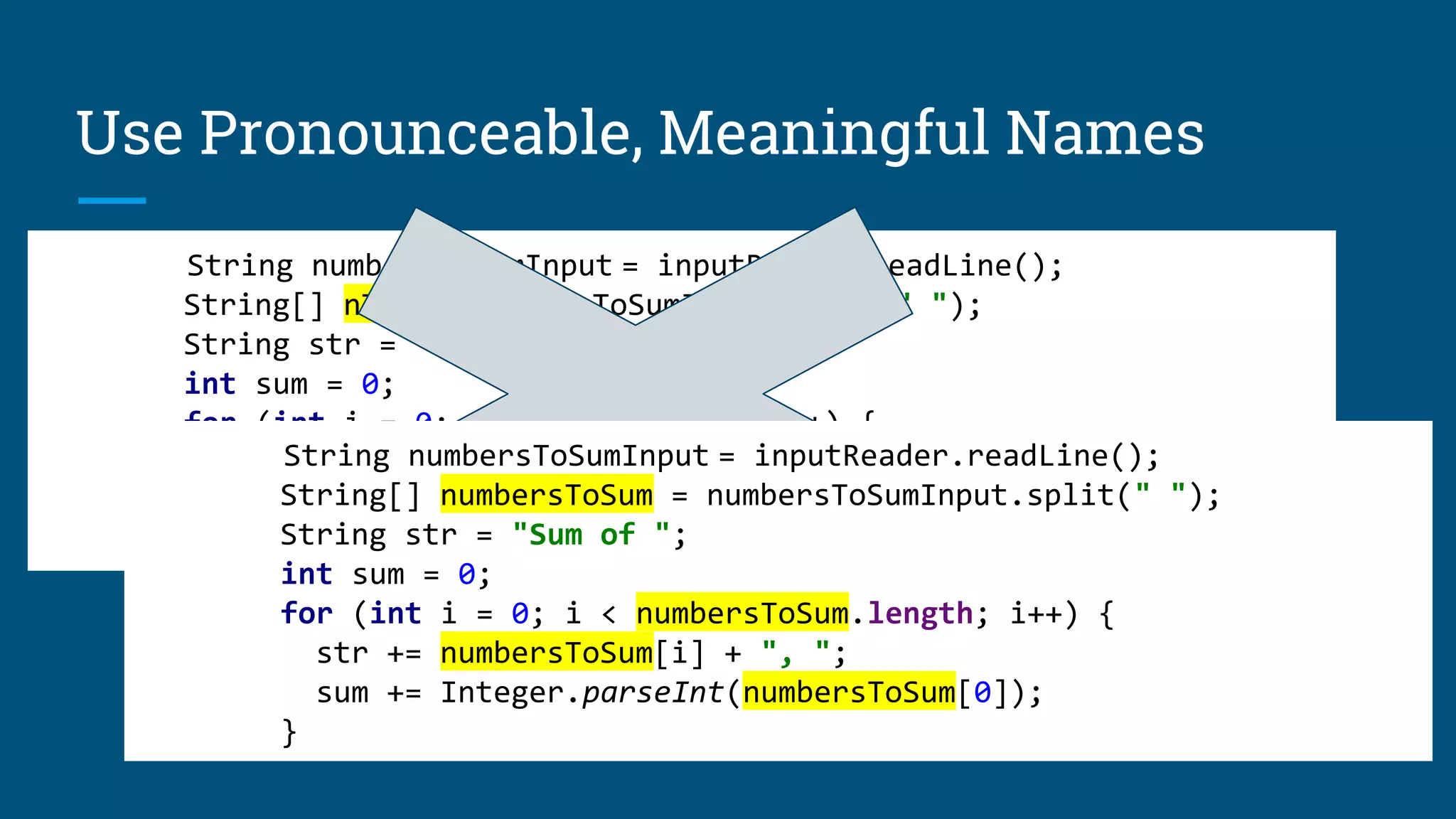 Use Pronounceable, Meaningful Names
String numbersToSumInput = inputReader.readLine();
String[] nToS = numbersToSumInput.split(" ");
String str = "Sum of ";
int sum = 0;
for (int i = 0; i < nToS.length; i++) {
str += nToS[i] + ", ";
sum += Integer.parseInt(nToS[0]);
}
vs.
String numbersToSumInput = inputReader.readLine();
String[] numbersToSum = numbersToSumInput.split(" ");
String str = "Sum of ";
int sum = 0;
for (int i = 0; i < numbersToSum.length; i++) {
str += numbersToSum[i] + ", ";
sum += Integer.parseInt(numbersToSum[0]);
}
 