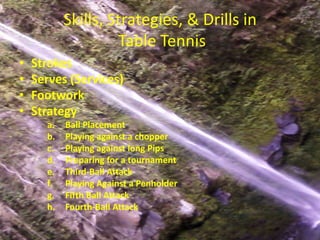 Skills, Strategies, & Drills in
                    Table Tennis
•   Strokes
•   Serves (Services)
•   Footwork
•   Strategy
      a.   Ball Placement
      b.   Playing against a chopper
      c.   Playing against long Pips
      d.   Preparing for a tournament
      e.   Third-Ball Attack
      f.   Playing Against a Penholder
      g.   Fifth Ball Attack
      h.   Fourth-Ball Attack
 
